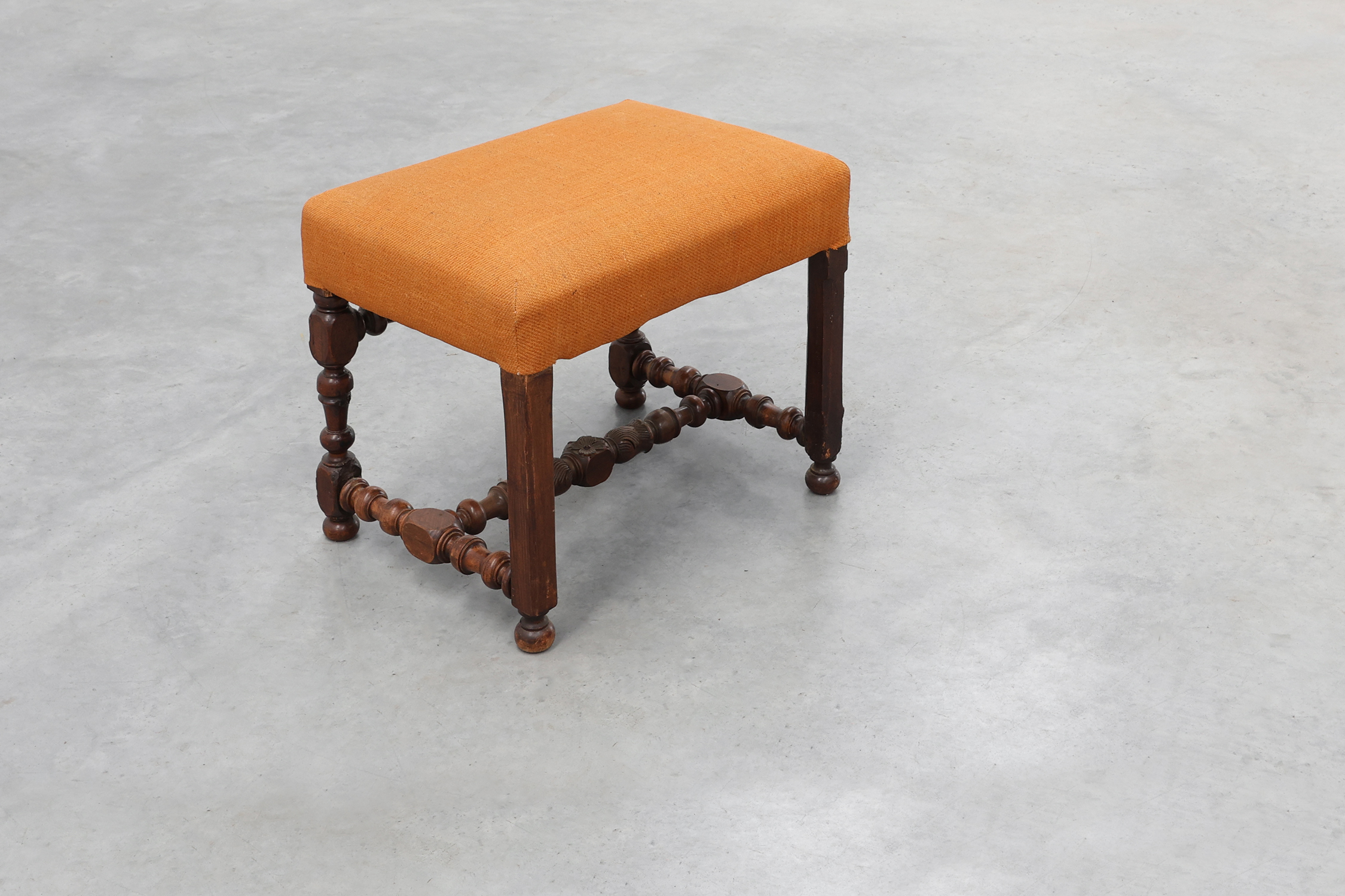 Louis XIII walnut stool with carved turned stretchers and upholstered seat, France, 17th centurythumbnail